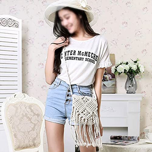 Lobagve Women Crochet Beach Bag Fringed Bohemian Crossbody Shoulder Purse Cotton Pouch,White - Image 3