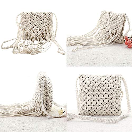 Lobagve Women Crochet Beach Bag Fringed Bohemian Crossbody Shoulder Purse Cotton Pouch,White - Image 2