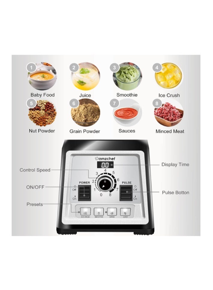 amzchef Blender Smoothie Maker - Commercial Blender with 2L Container - 25000RPM High Speed blender with 8 Speeds Control for kitchen - 4 Presets for Ice/Juice/Smoothie/Nuts - Image 4
