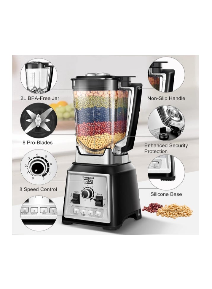 amzchef Blender Smoothie Maker - Commercial Blender with 2L Container - 25000RPM High Speed blender with 8 Speeds Control for kitchen - 4 Presets for Ice/Juice/Smoothie/Nuts - Image 3