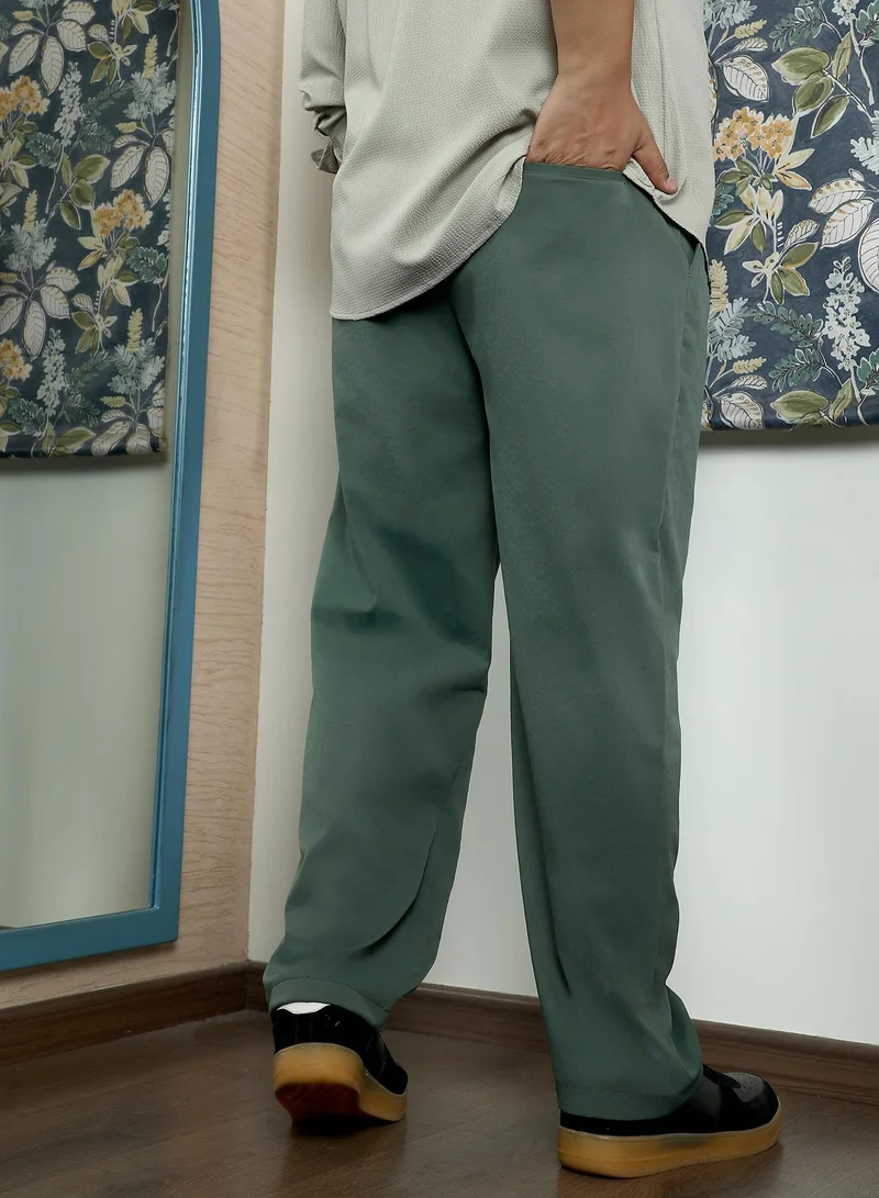 Instafab Plus  Instafab Plus Men's Emerald Green Double-Pleated Tailored Trousers | Mid Rise , Straight Hem , Button Closure | Solid Plain Polyester Blend Material For Office & Casual Wear for Men | Best Price UAE