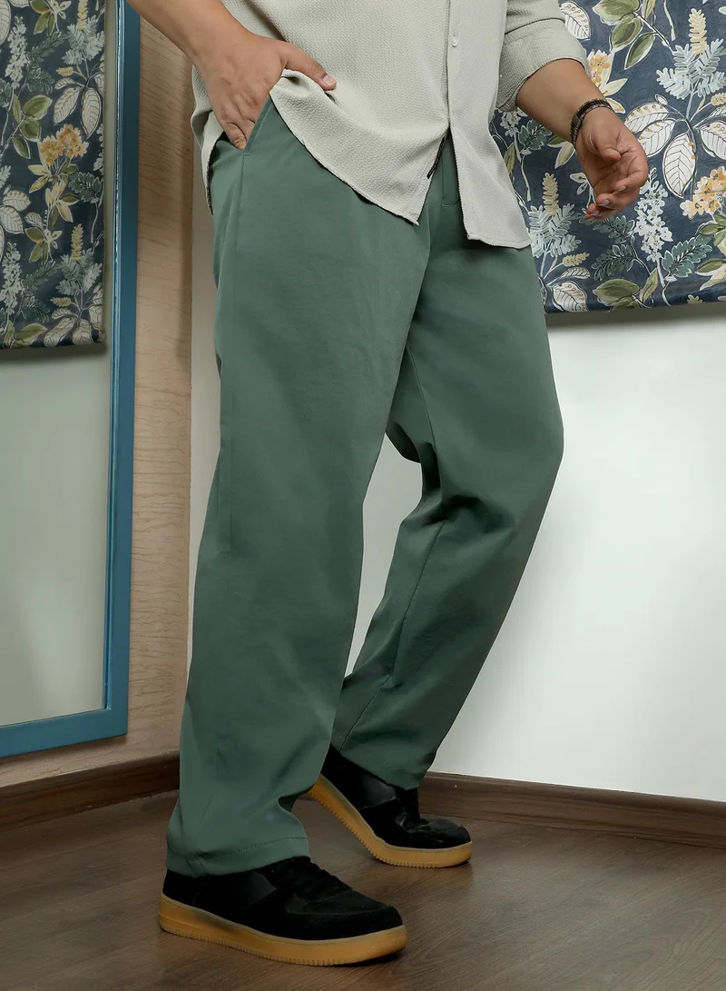Instafab Plus  Instafab Plus Men's Emerald Green Double-Pleated Tailored Trousers | Mid Rise , Straight Hem , Button Closure | Solid Plain Polyester Blend Material For Office & Casual Wear for Men | Best Price UAE