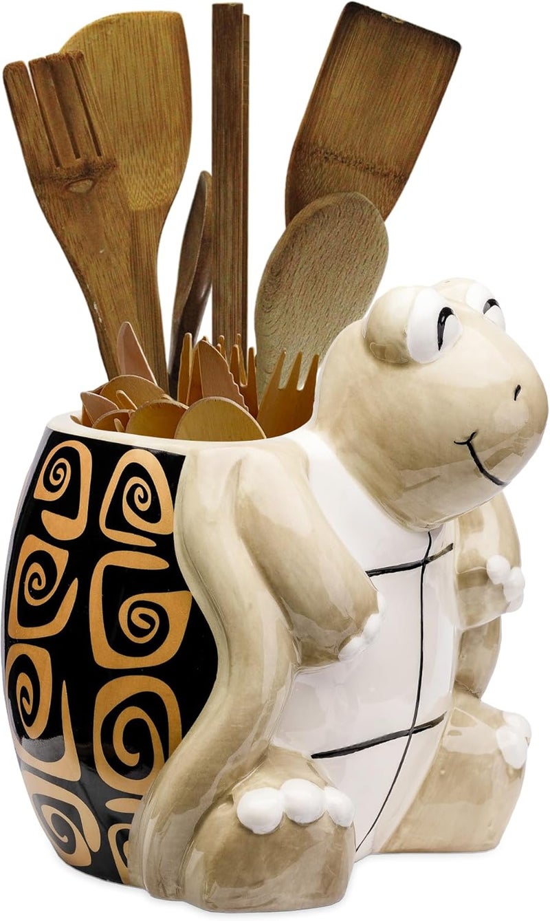 Sixdrop Turtle Kitchen Utensil Holder - Sea Turtle Storage Crock - Tortoise Home Decorations - Gift Decor - Office Holiday Theme Party Accessories - Lucky Gold Spirals - Image 1