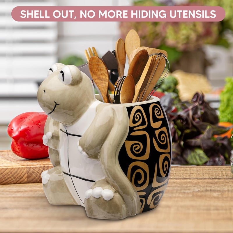 Sixdrop Turtle Kitchen Utensil Holder - Sea Turtle Storage Crock - Tortoise Home Decorations - Gift Decor - Office Holiday Theme Party Accessories - Lucky Gold Spirals - Image 3