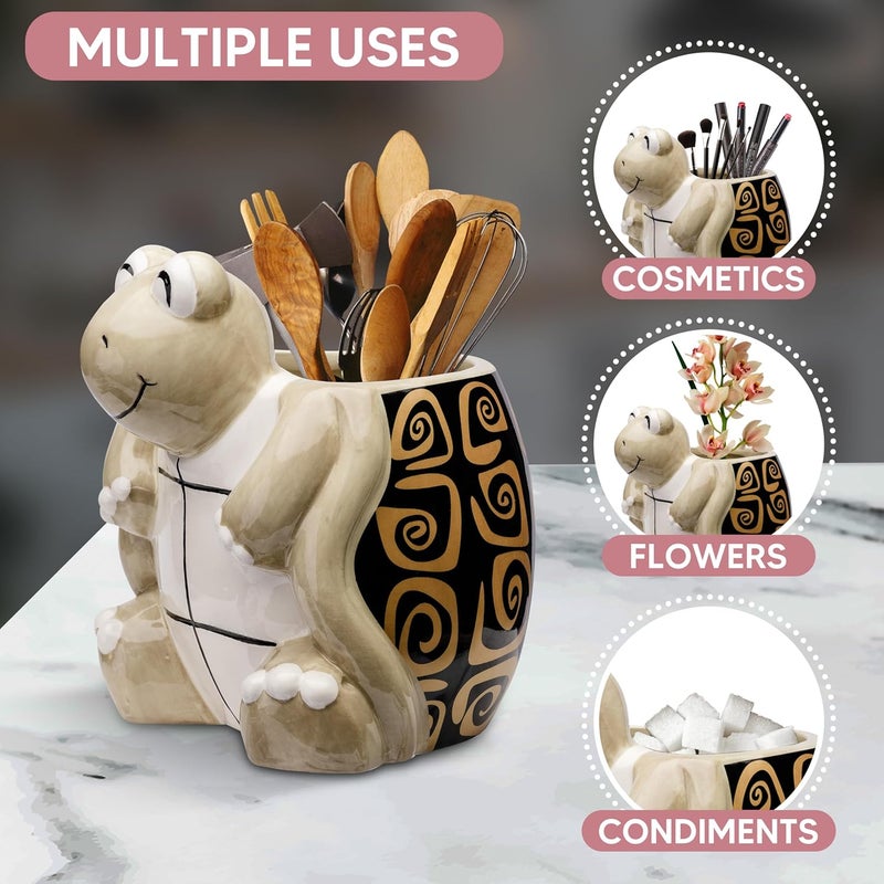 Sixdrop Turtle Kitchen Utensil Holder - Sea Turtle Storage Crock - Tortoise Home Decorations - Gift Decor - Office Holiday Theme Party Accessories - Lucky Gold Spirals - Image 5