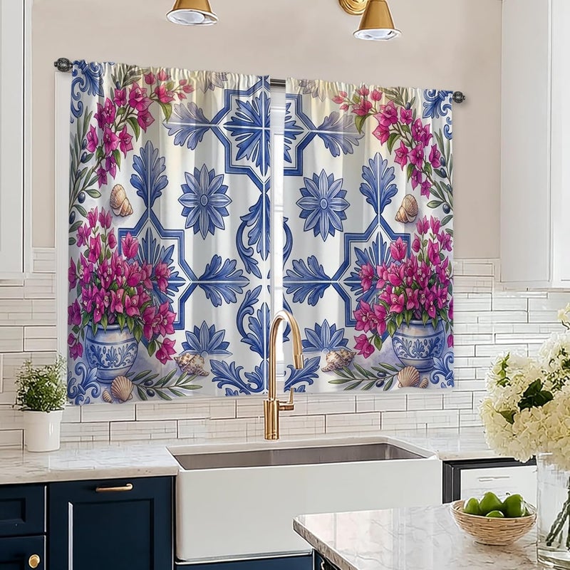 Flowers Kitchen Curtains, Traditional Rustic Shells Vases Spring Blue Short Curtains for Windows for Kitchen Window Over Sink 26x45 Inch - Image 1