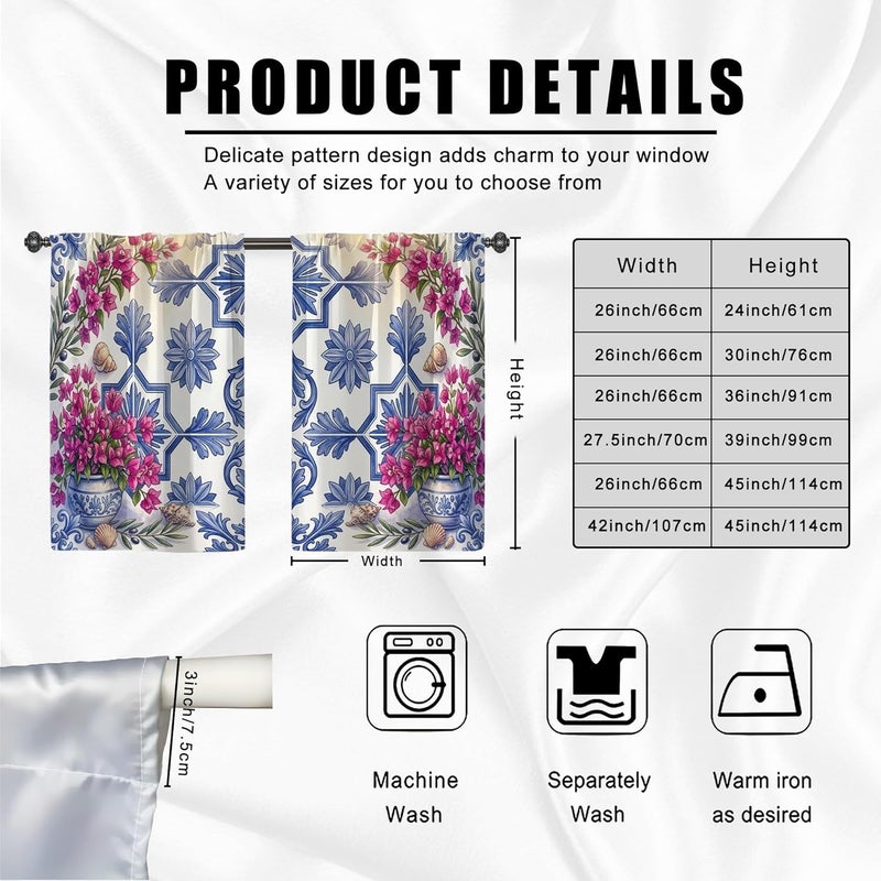 Flowers Kitchen Curtains, Traditional Rustic Shells Vases Spring Blue Short Curtains for Windows for Kitchen Window Over Sink 26x45 Inch - Image 3