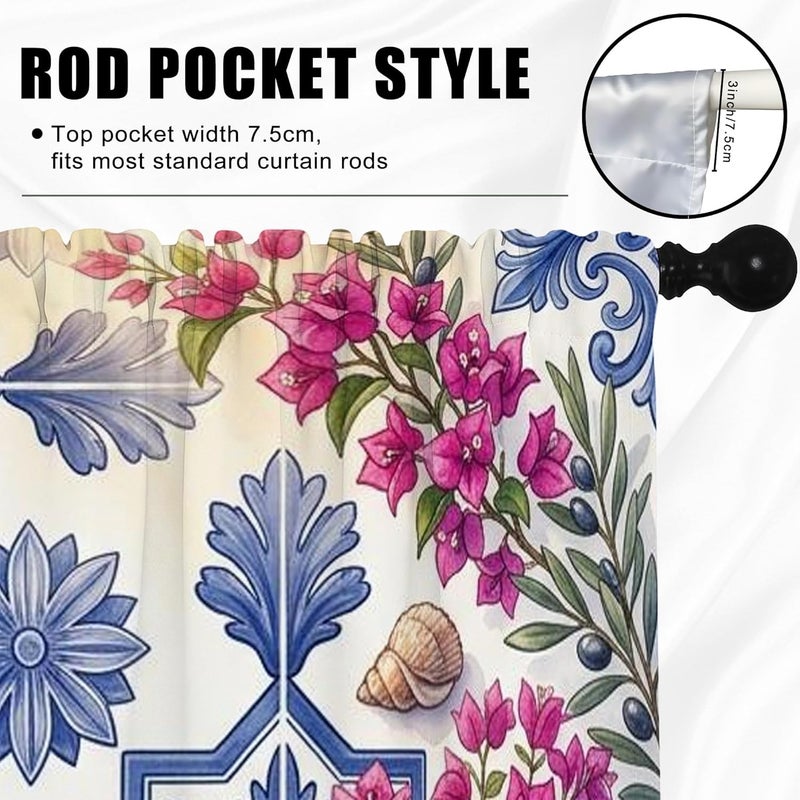 Flowers Kitchen Curtains, Traditional Rustic Shells Vases Spring Blue Short Curtains for Windows for Kitchen Window Over Sink 26x45 Inch - Image 5
