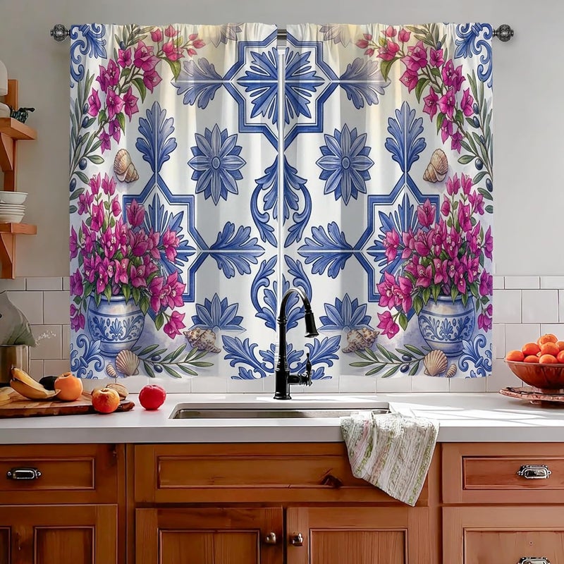 Flowers Kitchen Curtains, Traditional Rustic Shells Vases Spring Blue Short Curtains for Windows for Kitchen Window Over Sink 26x45 Inch - Image 2