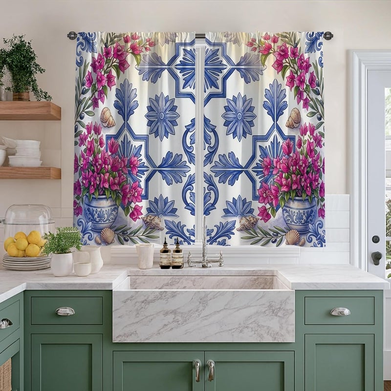 Flowers Kitchen Curtains, Traditional Rustic Shells Vases Spring Blue Short Curtains for Windows for Kitchen Window Over Sink 26x45 Inch - Image 4