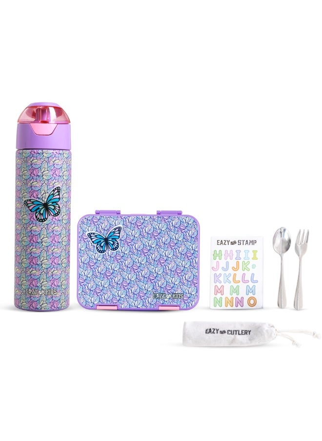 Eazy Kids Eazy Kids 6 & 4 Convertible Bento Lunch Box w/ Water Bottle, Steel Spoon & Fork Set and Alphabets Sticker - Butterfly Purple  - Image 1