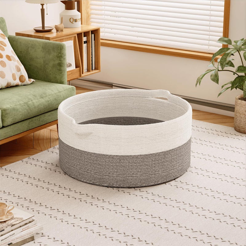 GOPAS 125L Extra Large Blanket Basket, 25" x 16", Jumbo Laundry Woven Baskets Decorative Home, Cotton Rope Basket with Handles, Baby Toy Baskets for Storage, White & Gray - Image 2