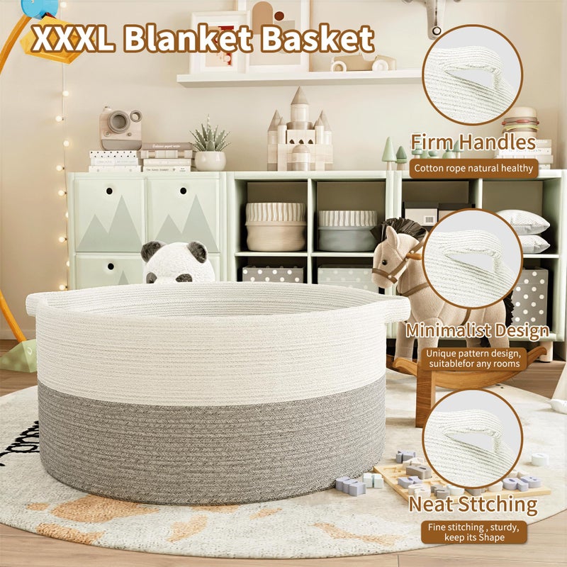 GOPAS 125L Extra Large Blanket Basket, 25" x 16", Jumbo Laundry Woven Baskets Decorative Home, Cotton Rope Basket with Handles, Baby Toy Baskets for Storage, White & Gray - Image 5