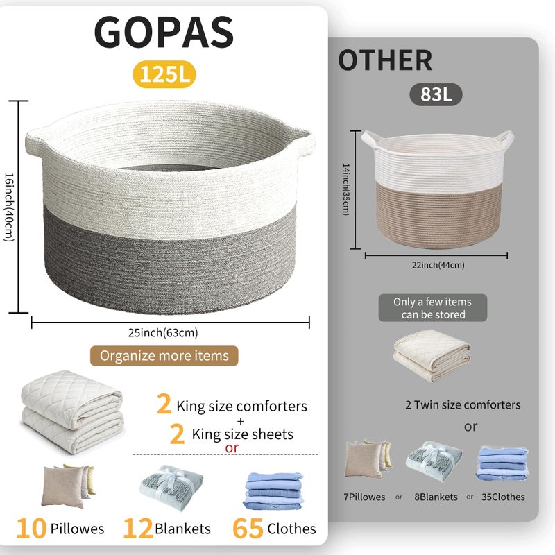 GOPAS 125L Extra Large Blanket Basket, 25" x 16", Jumbo Laundry Woven Baskets Decorative Home, Cotton Rope Basket with Handles, Baby Toy Baskets for Storage, White & Gray - Image 3