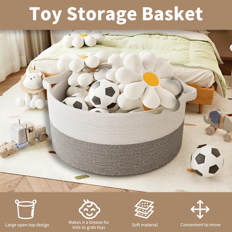 GOPAS 125L Extra Large Blanket Basket, 25" x 16", Jumbo Laundry Woven Baskets Decorative Home, Cotton Rope Basket with Handles, Baby Toy Baskets for Storage, White & Gray - Image 4
