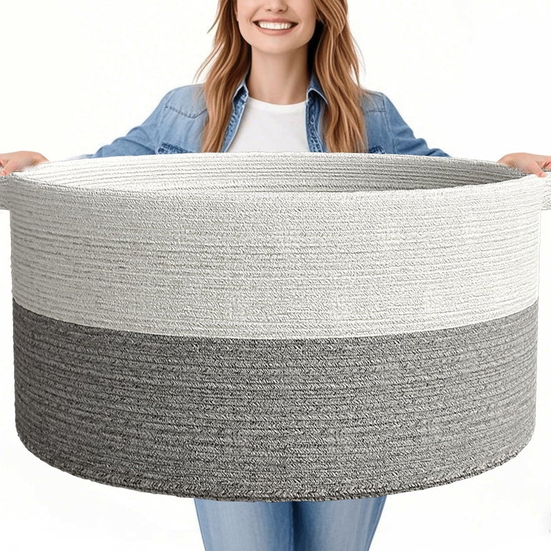 GOPAS 125L Extra Large Blanket Basket, 25" x 16", Jumbo Laundry Woven Baskets Decorative Home, Cotton Rope Basket with Handles, Baby Toy Baskets for Storage, White & Gray - Image 1