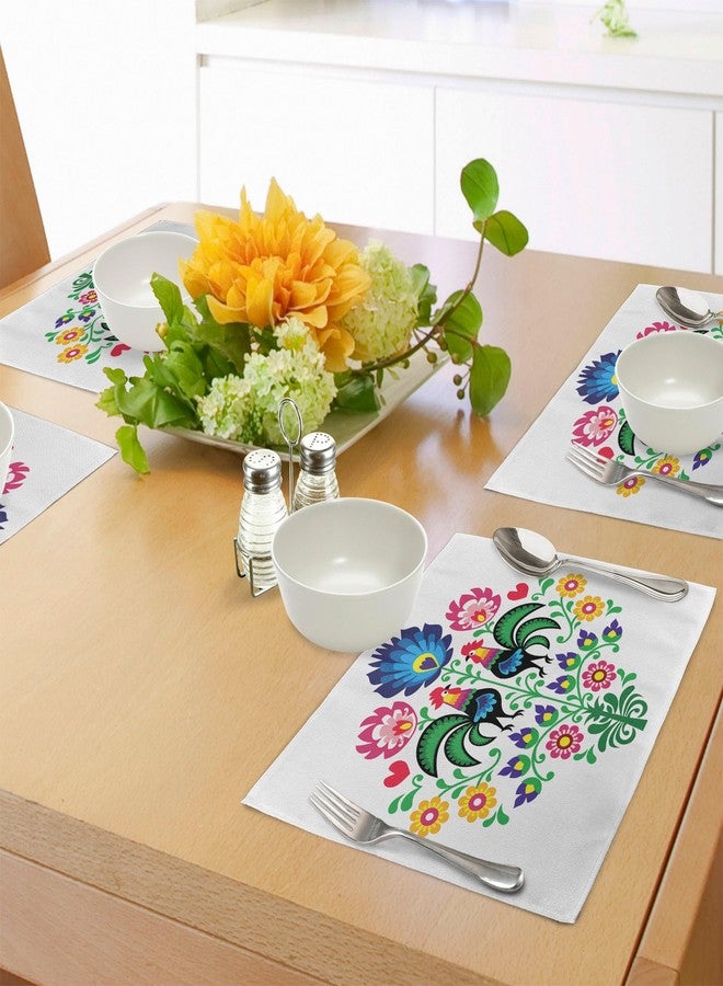 Lunarable Gallus Place Mats Set of 8, Polish Pattern with Roosters Garden Happy Fashion Celebration Spring Slav Poland, Washable Fabric Placemats for Dining Table, Placemat 8 pcs, Blue Pink - Image 2