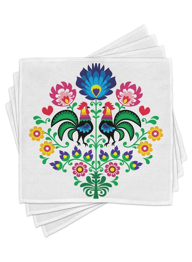 Lunarable Gallus Place Mats Set of 8, Polish Pattern with Roosters Garden Happy Fashion Celebration Spring Slav Poland, Washable Fabric Placemats for Dining Table, Placemat 8 pcs, Blue Pink - Image 1