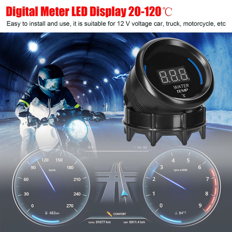 مقياس درجة حرارة الماء 52 مم لمتر عصري للسيارة مع شاشة إشعاعية LED (20-120 درجة مئوية) مع مستشعر ووظيفة إنذار للسيارات والشاحنات والدراجات النارية - Image 5