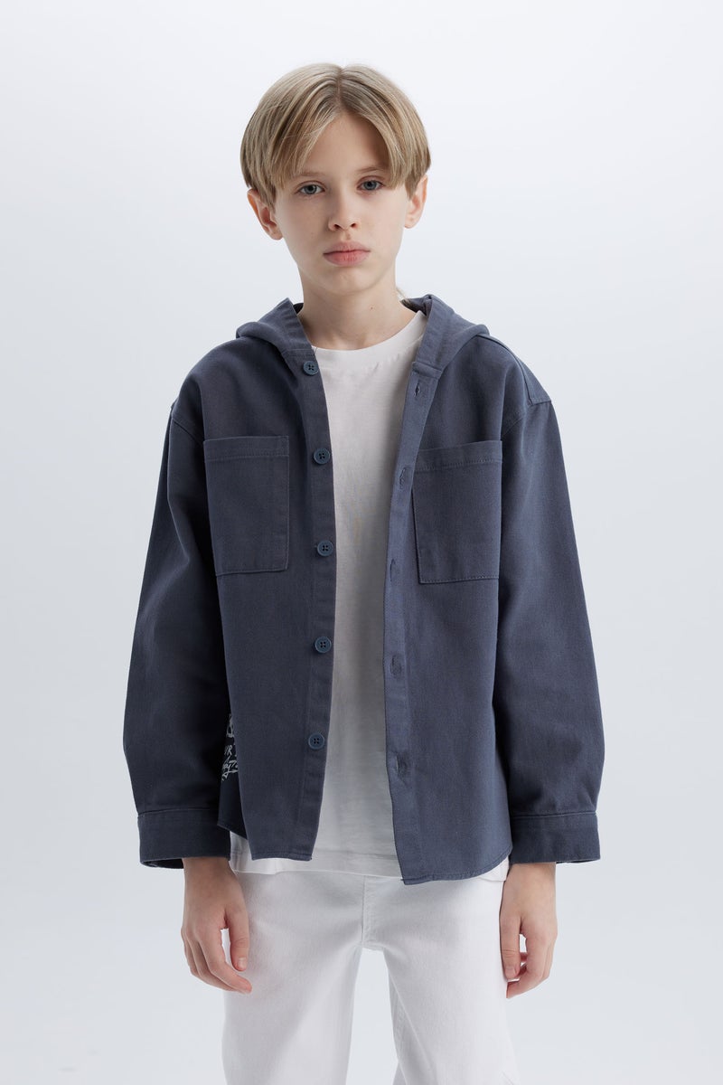 DeFacto Boy Oversize Fit Hooded Gabardine Long Sleeve Shirt  - Image 2