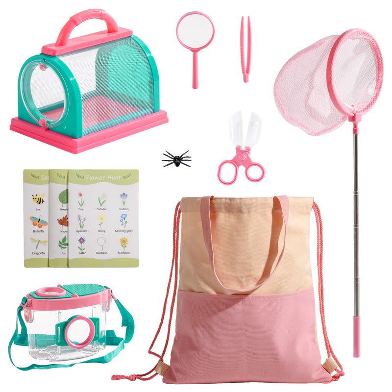ROBOTIME Kids Explorer Kit & Bug Catcher Kit for Kids, 10PCS Outdoor Bug Catching Kit with Magnifying Glass & Net, Adventure Set for Backyard & Camping, Fun Gift for Girls 3-12 (Pink) - Image 1