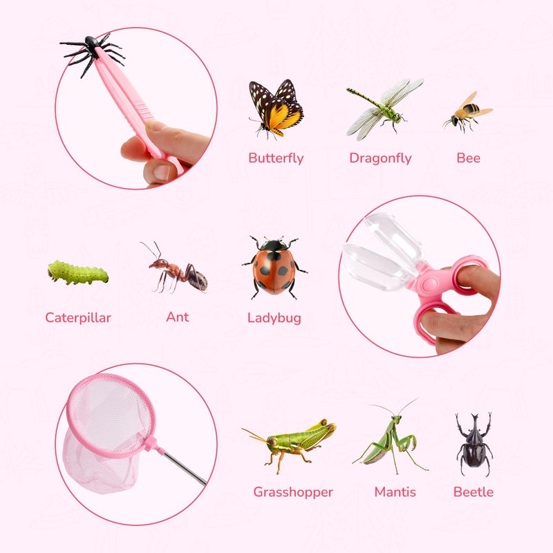 ROBOTIME Kids Explorer Kit & Bug Catcher Kit for Kids, 10PCS Outdoor Bug Catching Kit with Magnifying Glass & Net, Adventure Set for Backyard & Camping, Fun Gift for Girls 3-12 (Pink) - Image 3