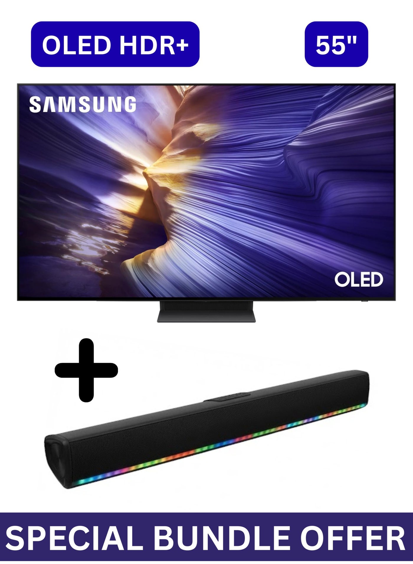 Samsung 55 Inch OLED S90F 4K HDR+, Samsung Vision AI Smart TV (2025 - UAE Version) + 2.0 Channel Portable Soundbar With Built In Battery & LED Lights | Tizen Smart TV - Anti Reflection, 100Hz (Up to 144Hz), HDR 10+, 360 Audio, Speaker Type 2.1 -