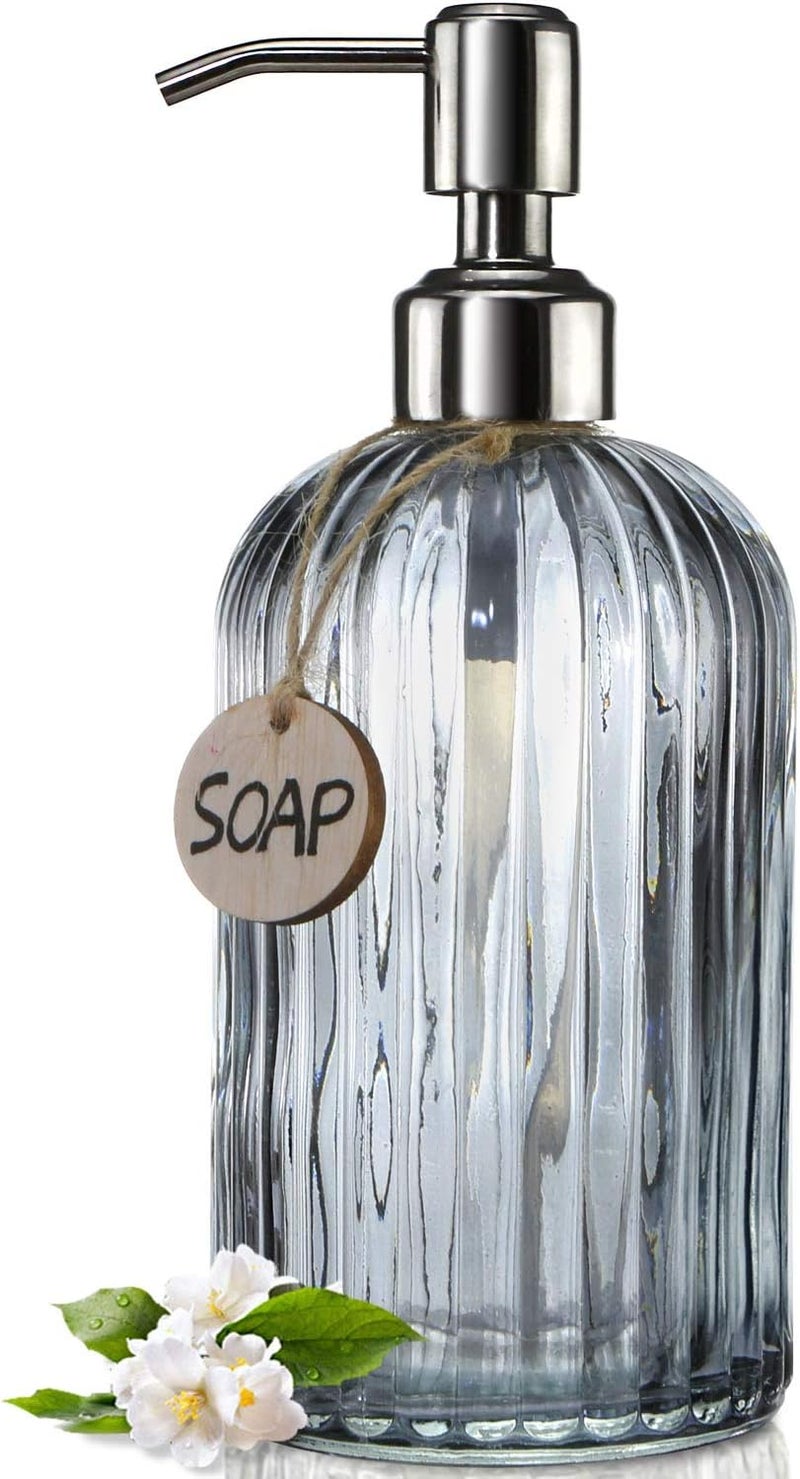 JASAI 18 Oz Vertical Stripes Kitchen Soap Dispenser with 304 Rust Proof Stainless Steel Pump, Refillable Liquid Soap Dispenser for Bathroom, Kitchen, Hand Soap, Dish Soap (Clear Grey) - Image 1