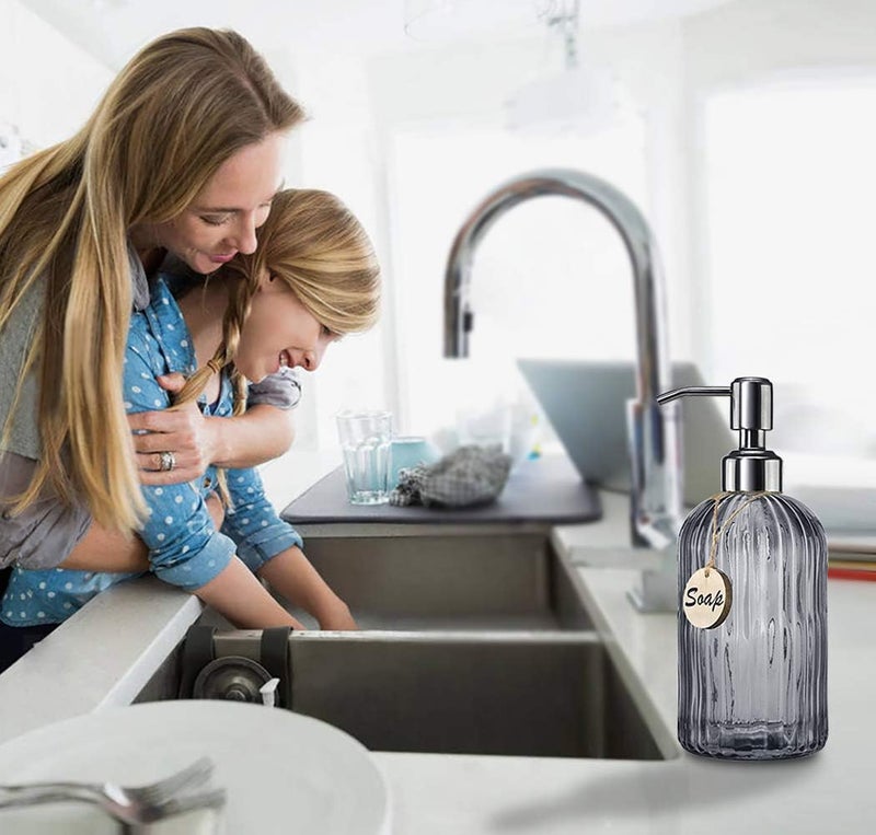 JASAI 18 Oz Vertical Stripes Kitchen Soap Dispenser with 304 Rust Proof Stainless Steel Pump, Refillable Liquid Soap Dispenser for Bathroom, Kitchen, Hand Soap, Dish Soap (Clear Grey) - Image 3