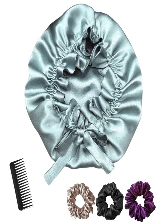 Atrube Satin Silk Bonnet With 3 Premium Scrunchies, Reversible and Adjustable Sleeping Cap, for Curly Hair With Ribbon Tie Band, Hair Wrap (Blue) - Image 1