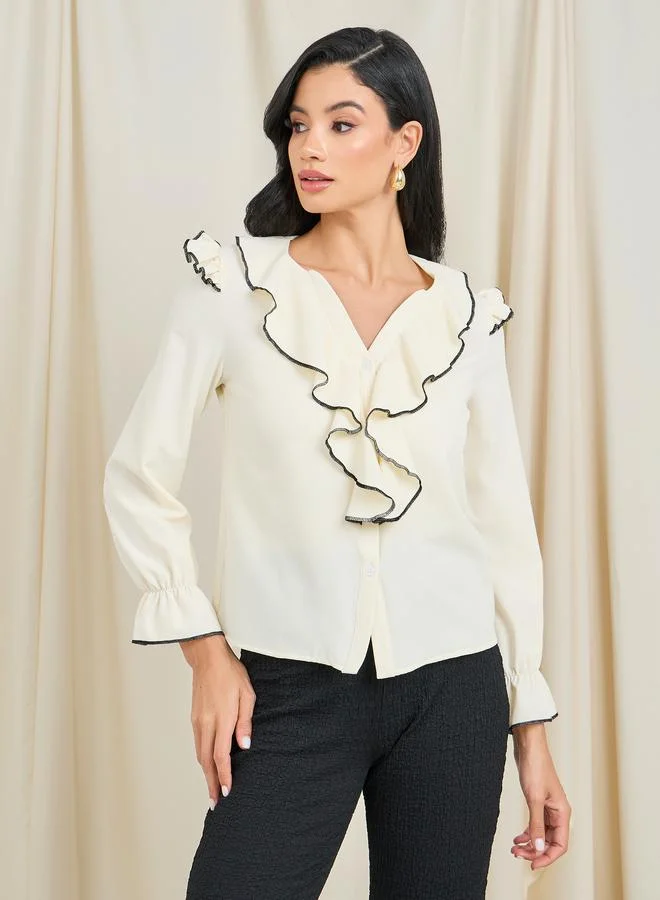 Styli Ruffle Detail V Neck Blouse