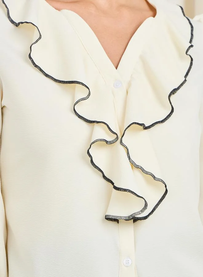 Styli Ruffle Detail V Neck Blouse