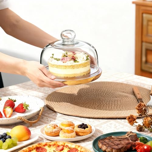 Ikerall 8 Inch Wooden Base Cake Display Stand with Glass Dome,Cloche Clear Glass Bell Jar Cover for Dessert Cheese Candy Plants Succulents（for Sizes up to 6.5 "） - Image 4