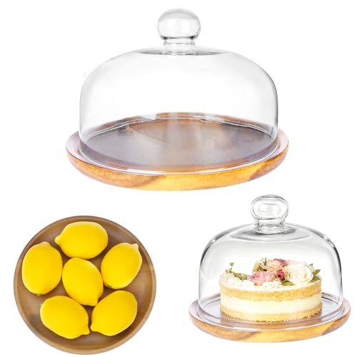 Ikerall 8 Inch Wooden Base Cake Display Stand with Glass Dome,Cloche Clear Glass Bell Jar Cover for Dessert Cheese Candy Plants Succulents（for Sizes up to 6.5 "） - Image 1