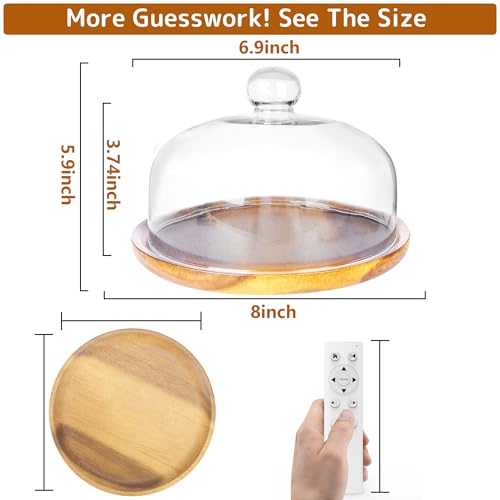 Ikerall 8 Inch Wooden Base Cake Display Stand with Glass Dome,Cloche Clear Glass Bell Jar Cover for Dessert Cheese Candy Plants Succulents（for Sizes up to 6.5 "） - Image 2
