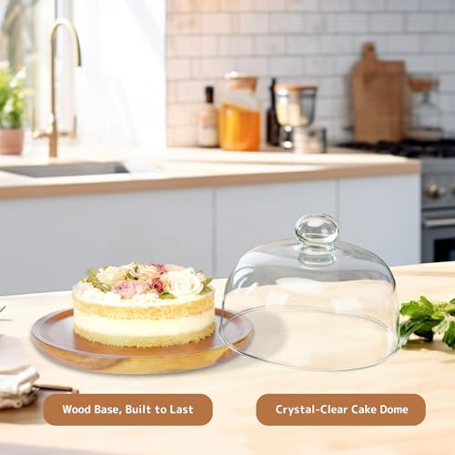 Ikerall 8 Inch Wooden Base Cake Display Stand with Glass Dome,Cloche Clear Glass Bell Jar Cover for Dessert Cheese Candy Plants Succulents（for Sizes up to 6.5 "） - Image 5