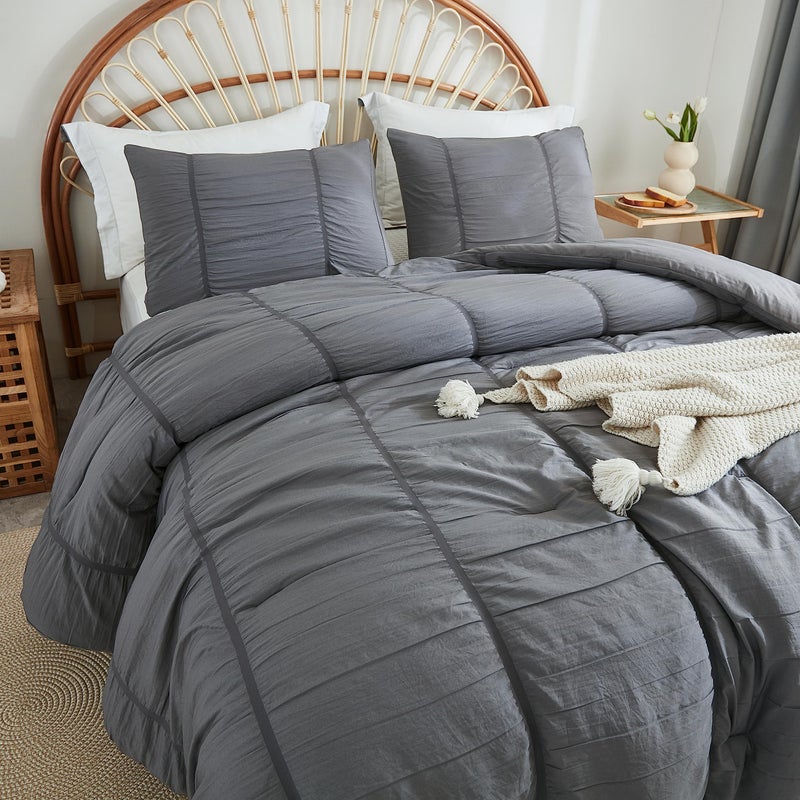 Andency Dark Grey Comforter King (104x90 inches), 3 Pieces Soft Microfiber Lightweight Gray Seersucker Comforter with 2 Pillowcases, All Season Striped Textured Bedding Comforter Set - Image 2