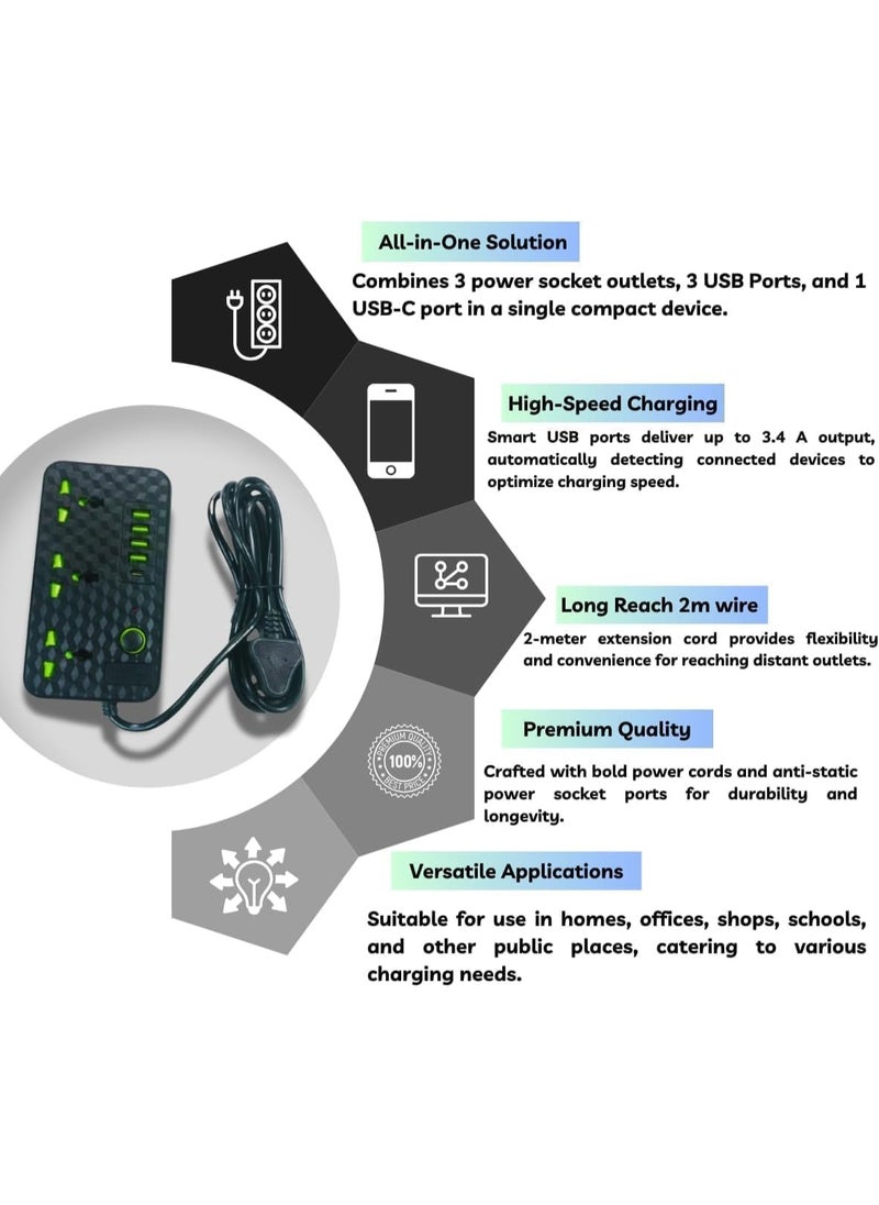 Luxoraq Extension Cord with USB, Multi Plug Power Strip – 3 Outlets, 4 USB Ports & 1 Type-C Port, 2M Power Extension Socket for Home, Office, Kitchen – Surge Protection, Copper Clad Aluminum Wire  - Image 3