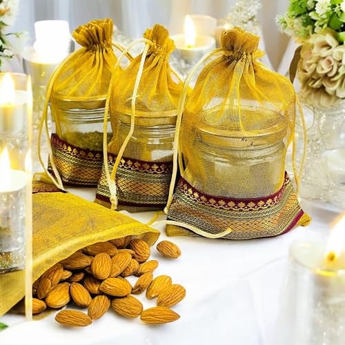 Kriwin Silk Potli Bags with Drawstring, 18 x 12 cm, Pack of 10, for Gifting and Storage (Gold) - Image 3