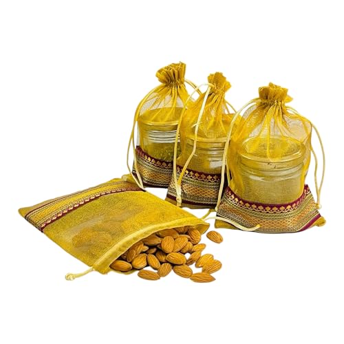 Kriwin Silk Potli Bags with Drawstring, 18 x 12 cm, Pack of 10, for Gifting and Storage (Gold) - Image 1
