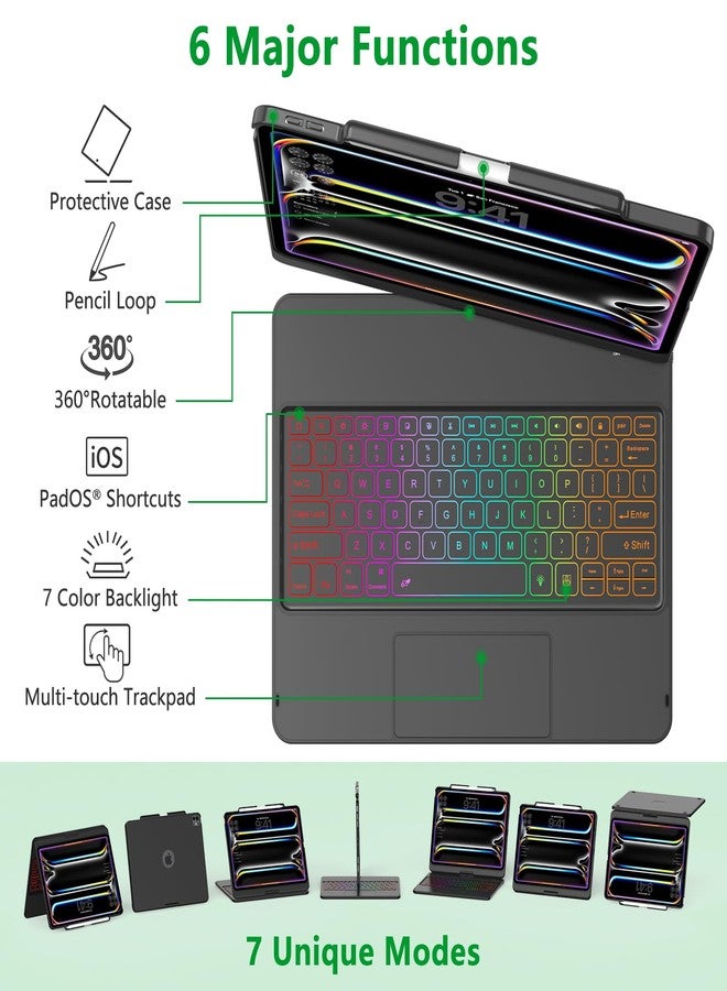 TQQ iPad Pro 13-inch Case with Keyboard (M5 2025 / M4 2024), iPad Pro 13 Keyboard Case with Pencil Holder, Multi-Touch Trackpad, 360° Rotatable, 7-Color Backlit, Thin & Light (Black) - Image 3