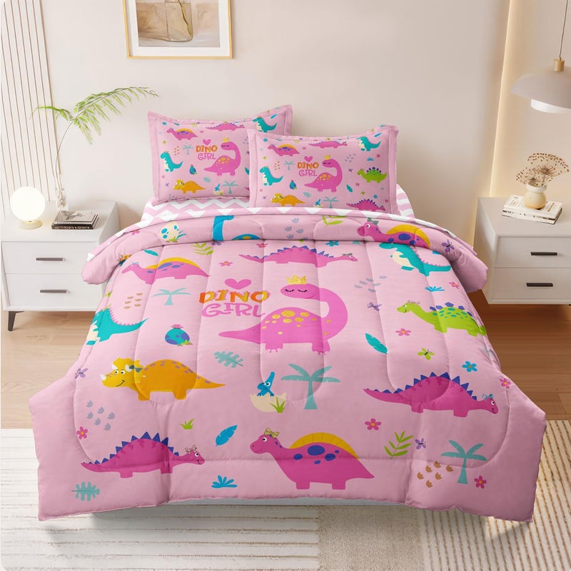 SIRDO Girls Dinosaur Bedding Twin Green Pink Dinosaur Comforter Set  Cute Cartoon Down Comforter for Little Girls Teens Kids Adults Room Decor  Reversible Bed-in-a-Bag 5-Piece Bed Sets - Image 1