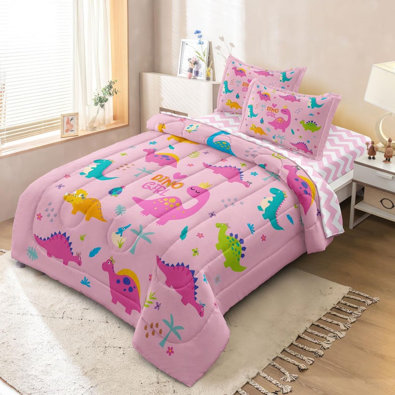 SIRDO Girls Dinosaur Bedding Twin Green Pink Dinosaur Comforter Set  Cute Cartoon Down Comforter for Little Girls Teens Kids Adults Room Decor  Reversible Bed-in-a-Bag 5-Piece Bed Sets - Image 2