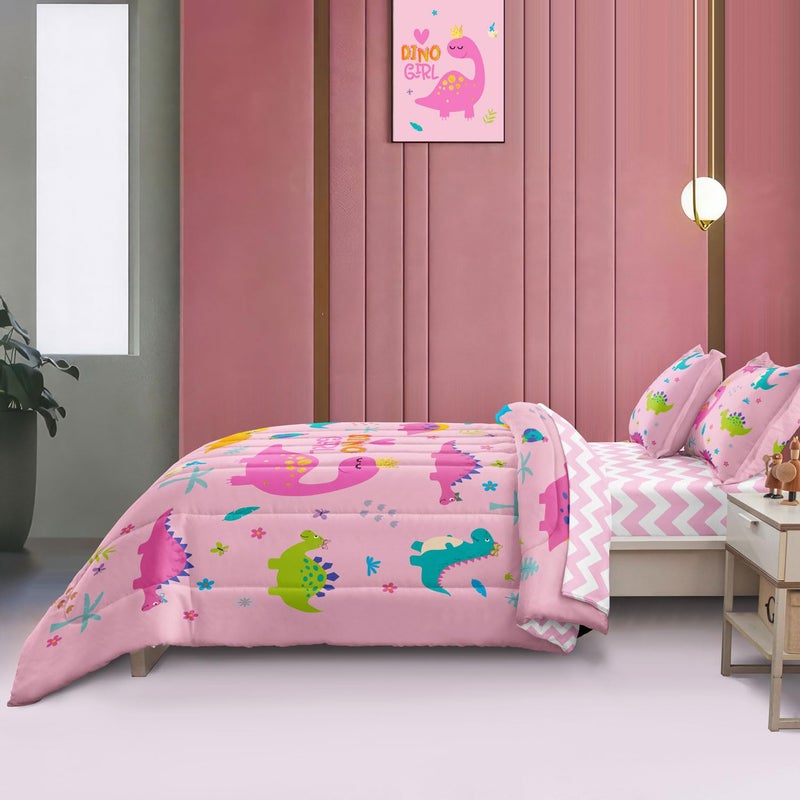 SIRDO Girls Dinosaur Bedding Twin Green Pink Dinosaur Comforter Set  Cute Cartoon Down Comforter for Little Girls Teens Kids Adults Room Decor  Reversible Bed-in-a-Bag 5-Piece Bed Sets - Image 4