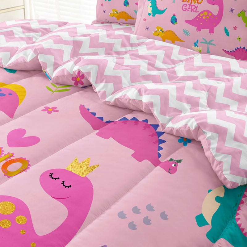 SIRDO Girls Dinosaur Bedding Twin Green Pink Dinosaur Comforter Set  Cute Cartoon Down Comforter for Little Girls Teens Kids Adults Room Decor  Reversible Bed-in-a-Bag 5-Piece Bed Sets - Image 5