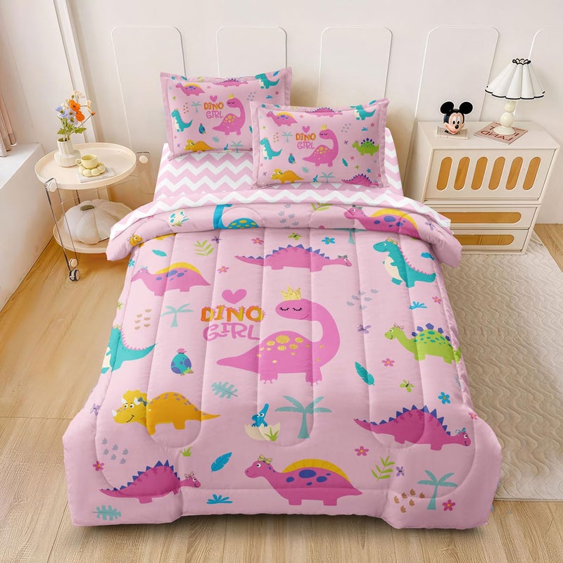 SIRDO Girls Dinosaur Bedding Twin Green Pink Dinosaur Comforter Set  Cute Cartoon Down Comforter for Little Girls Teens Kids Adults Room Decor  Reversible Bed-in-a-Bag 5-Piece Bed Sets - Image 3