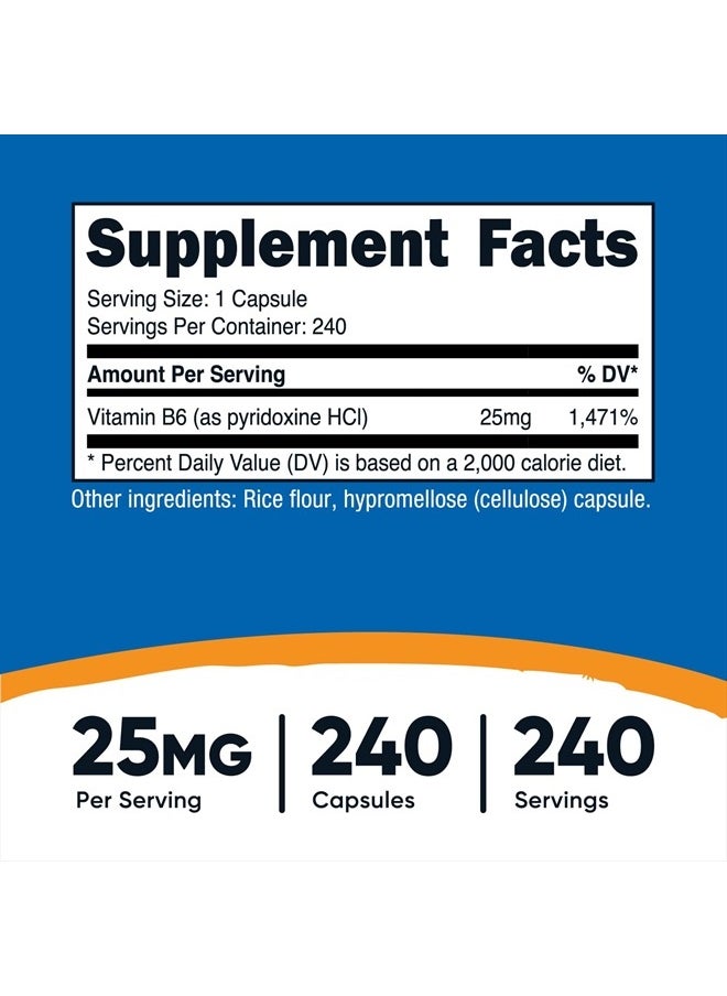 Nutricost - Vitamin B6 (Pyridoxine HCl) 25mg, 240 Capsules - Non-GMO, Gluten Free and Vegetarian Friendly - Image 1