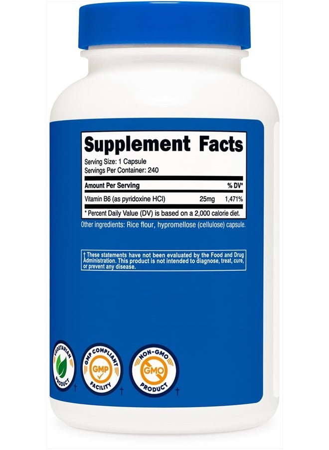 Nutricost - Vitamin B6 (Pyridoxine HCl) 25mg, 240 Capsules - Non-GMO, Gluten Free and Vegetarian Friendly - Image 1