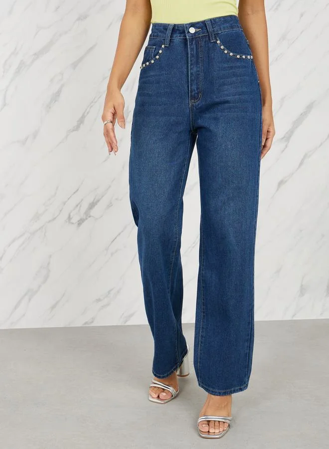 Styli Embellished Pocket Trim Straight Leg Jeans