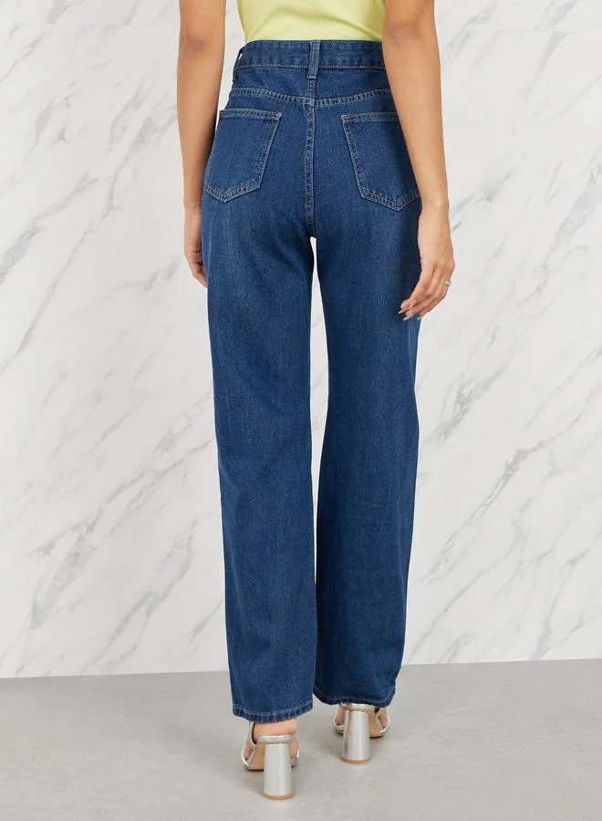 Styli Embellished Pocket Trim Straight Leg Jeans